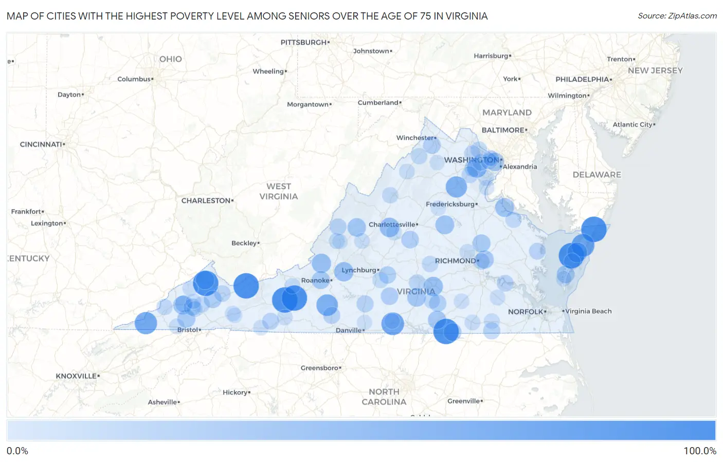 Cities with the Highest Poverty Level Among Seniors Over the Age of 75 in Virginia Map