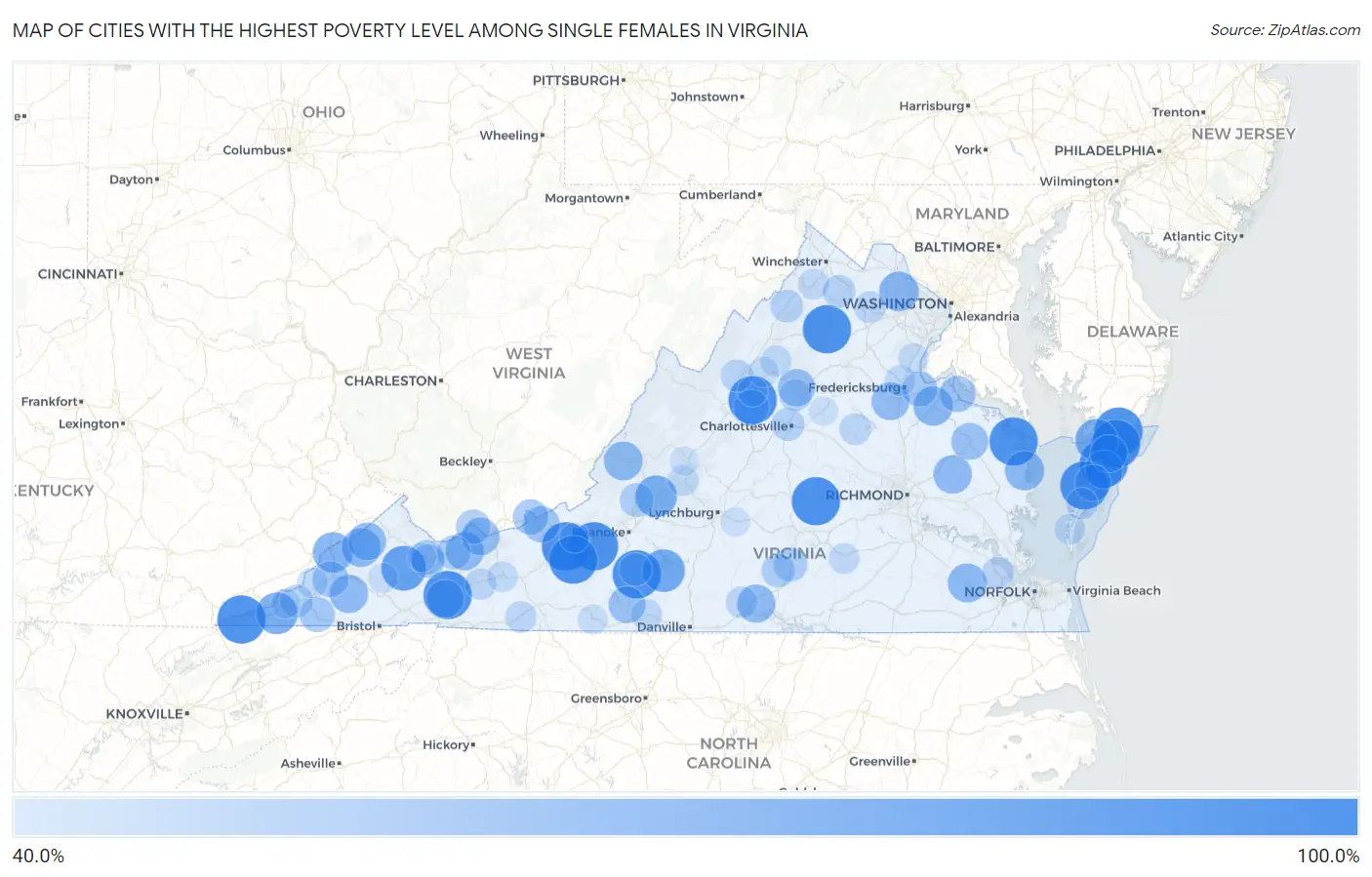 Cities with the Highest Poverty Level Among Single Females in Virginia Map