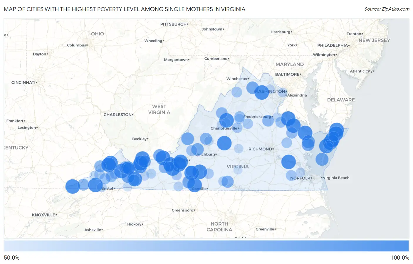 Cities with the Highest Poverty Level Among Single Mothers in Virginia Map