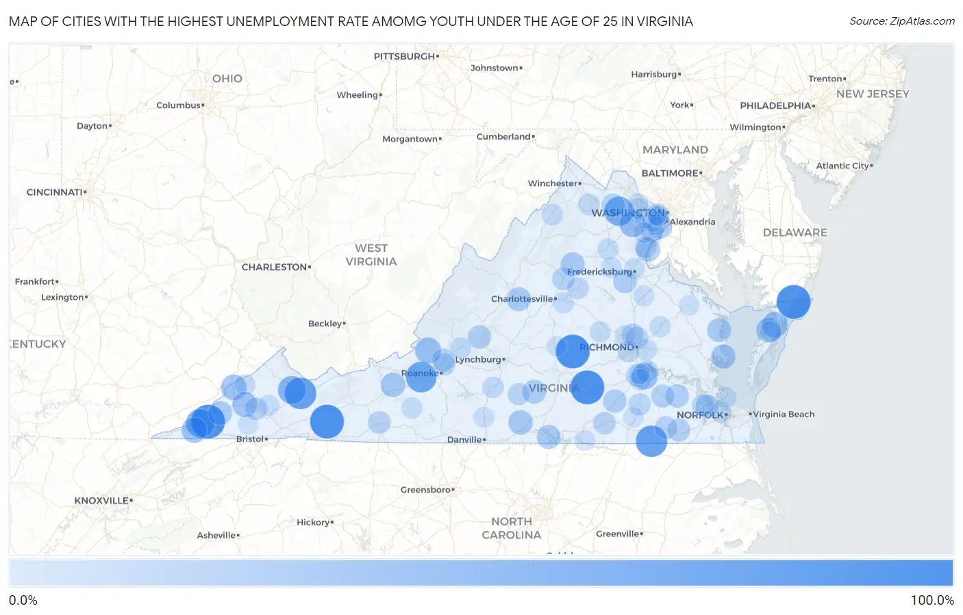 Cities with the Highest Unemployment Rate Amomg Youth Under the Age of 25 in Virginia Map