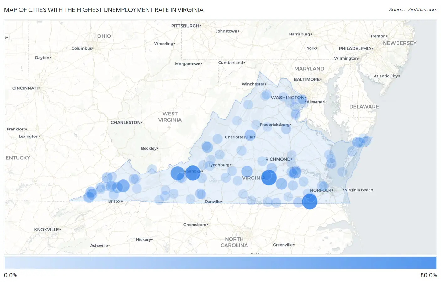 Cities with the Highest Unemployment Rate in Virginia Map