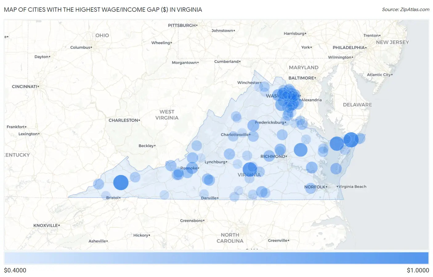 Cities with the Highest Wage/Income Gap ($) in Virginia Map