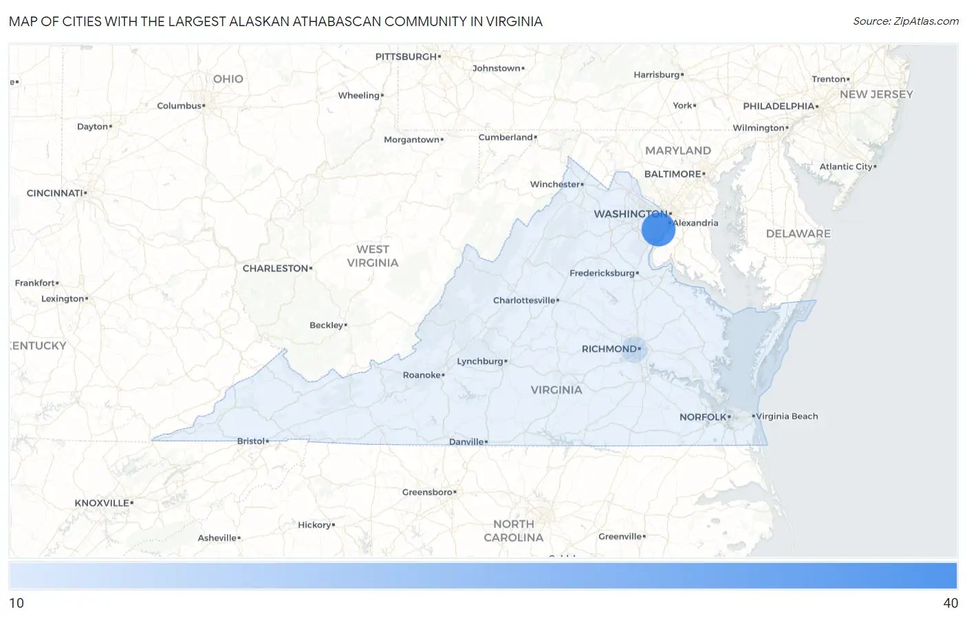 Cities with the Largest Alaskan Athabascan Community in Virginia Map