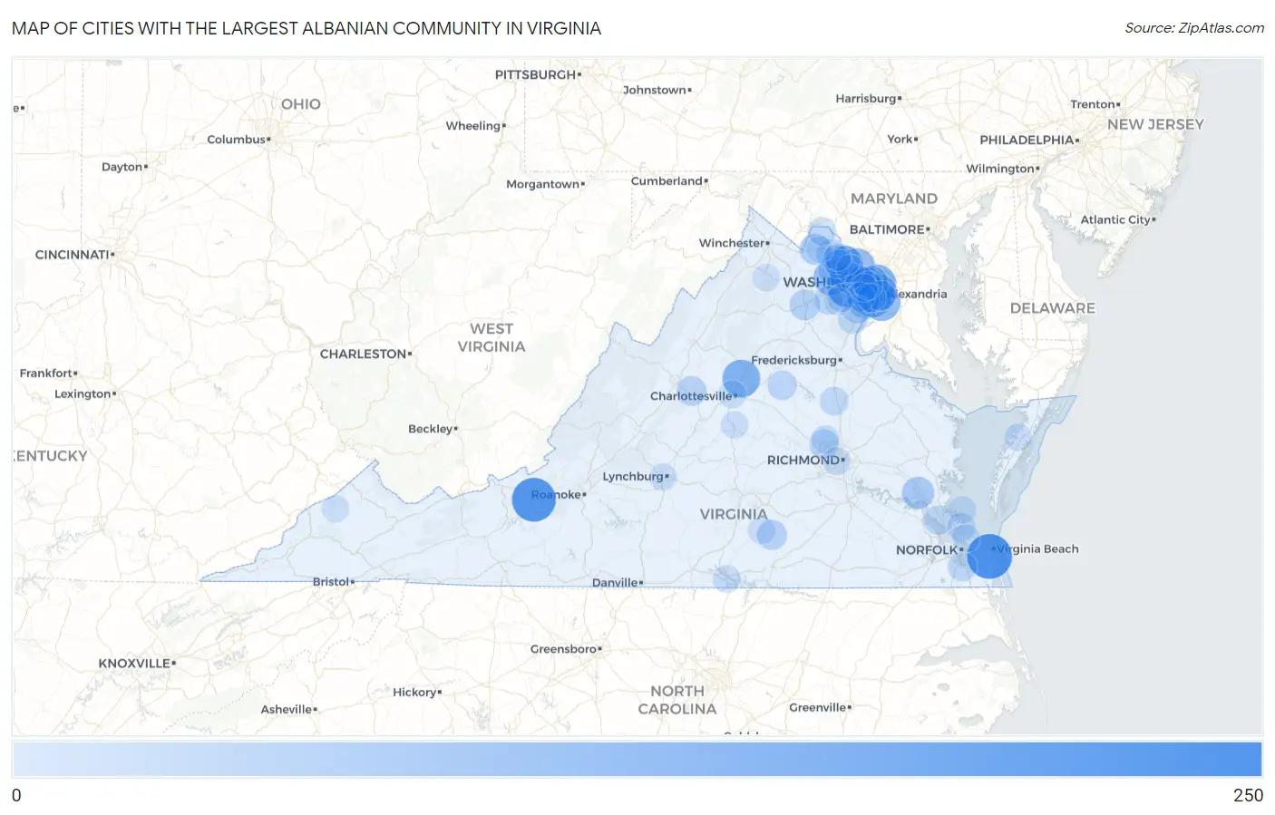 Cities with the Largest Albanian Community in Virginia Map