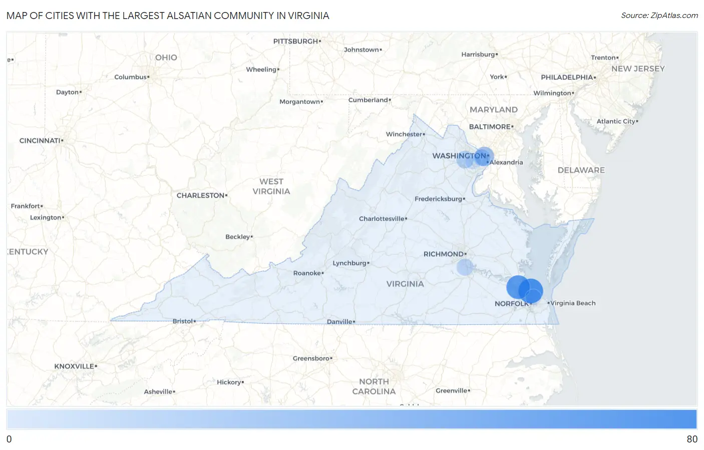 Cities with the Largest Alsatian Community in Virginia Map