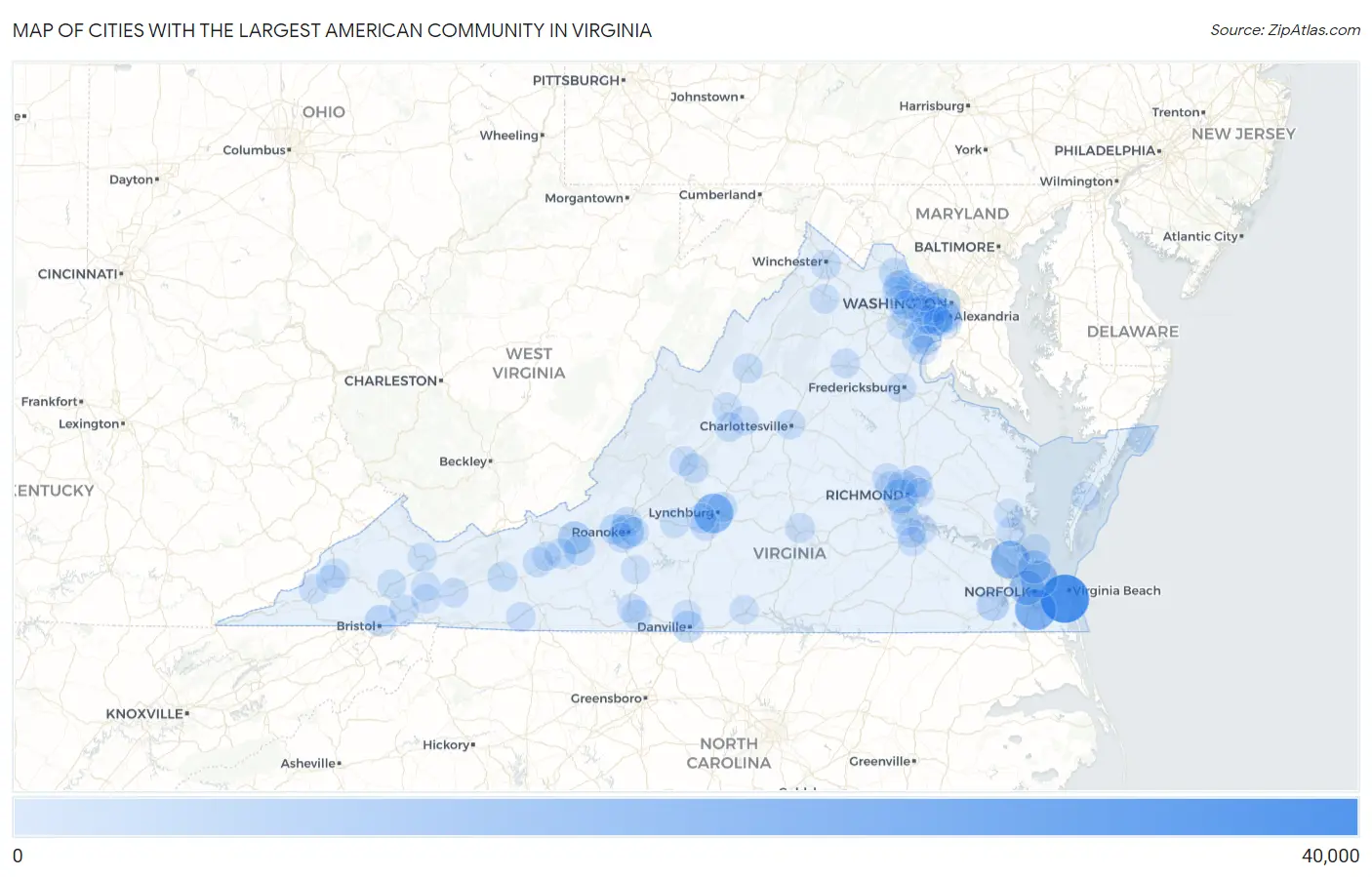 Cities with the Largest American Community in Virginia Map