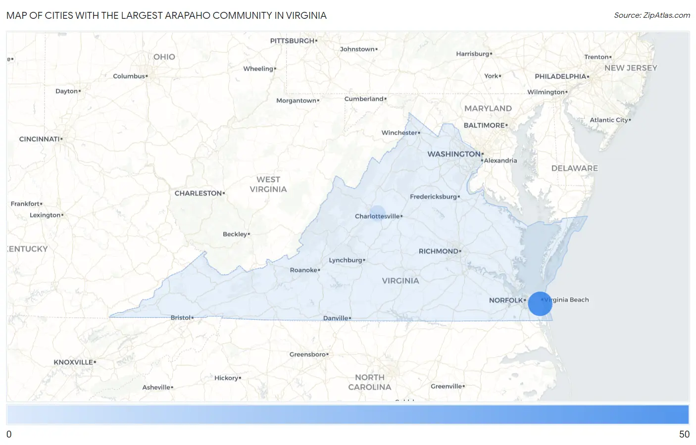 Cities with the Largest Arapaho Community in Virginia Map