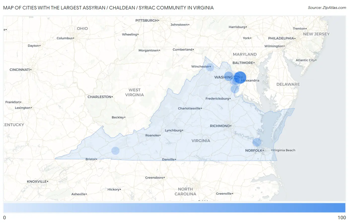 Cities with the Largest Assyrian / Chaldean / Syriac Community in Virginia Map