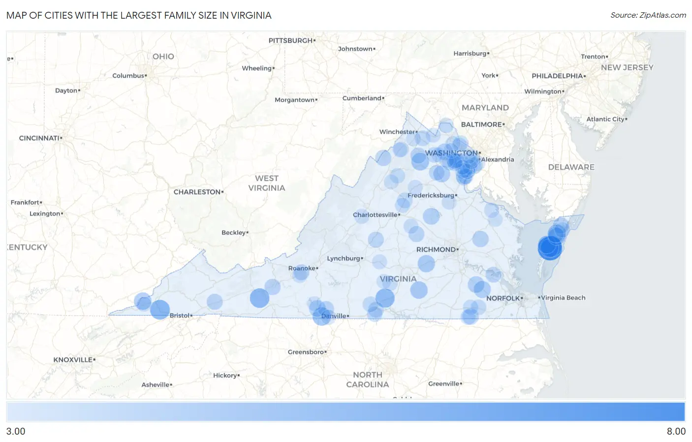 Cities with the Largest Family Size in Virginia Map