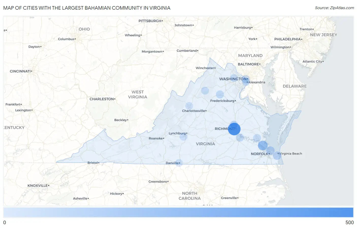 Cities with the Largest Bahamian Community in Virginia Map