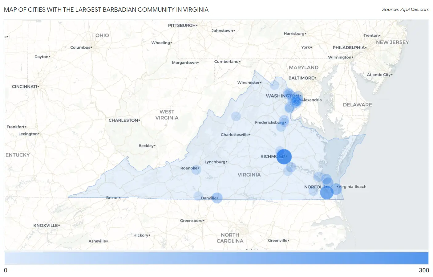 Cities with the Largest Barbadian Community in Virginia Map