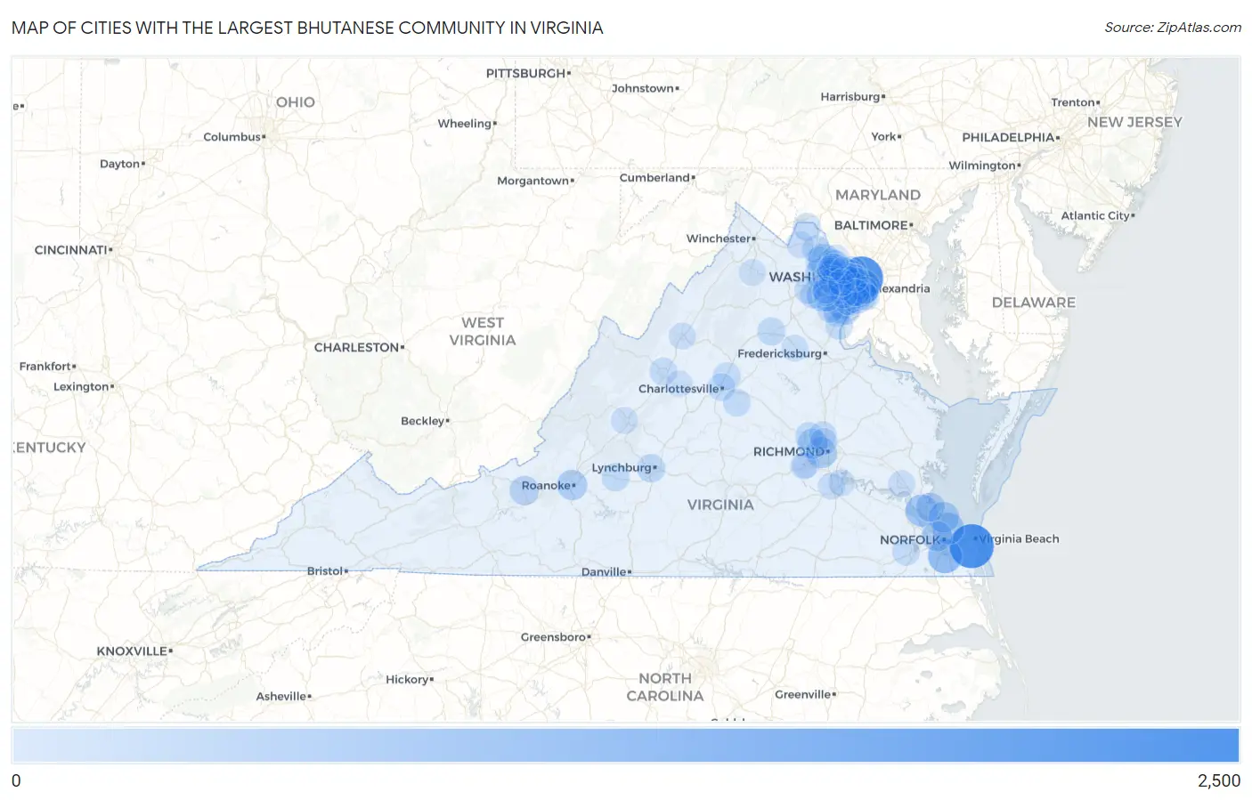 Cities with the Largest Bhutanese Community in Virginia Map