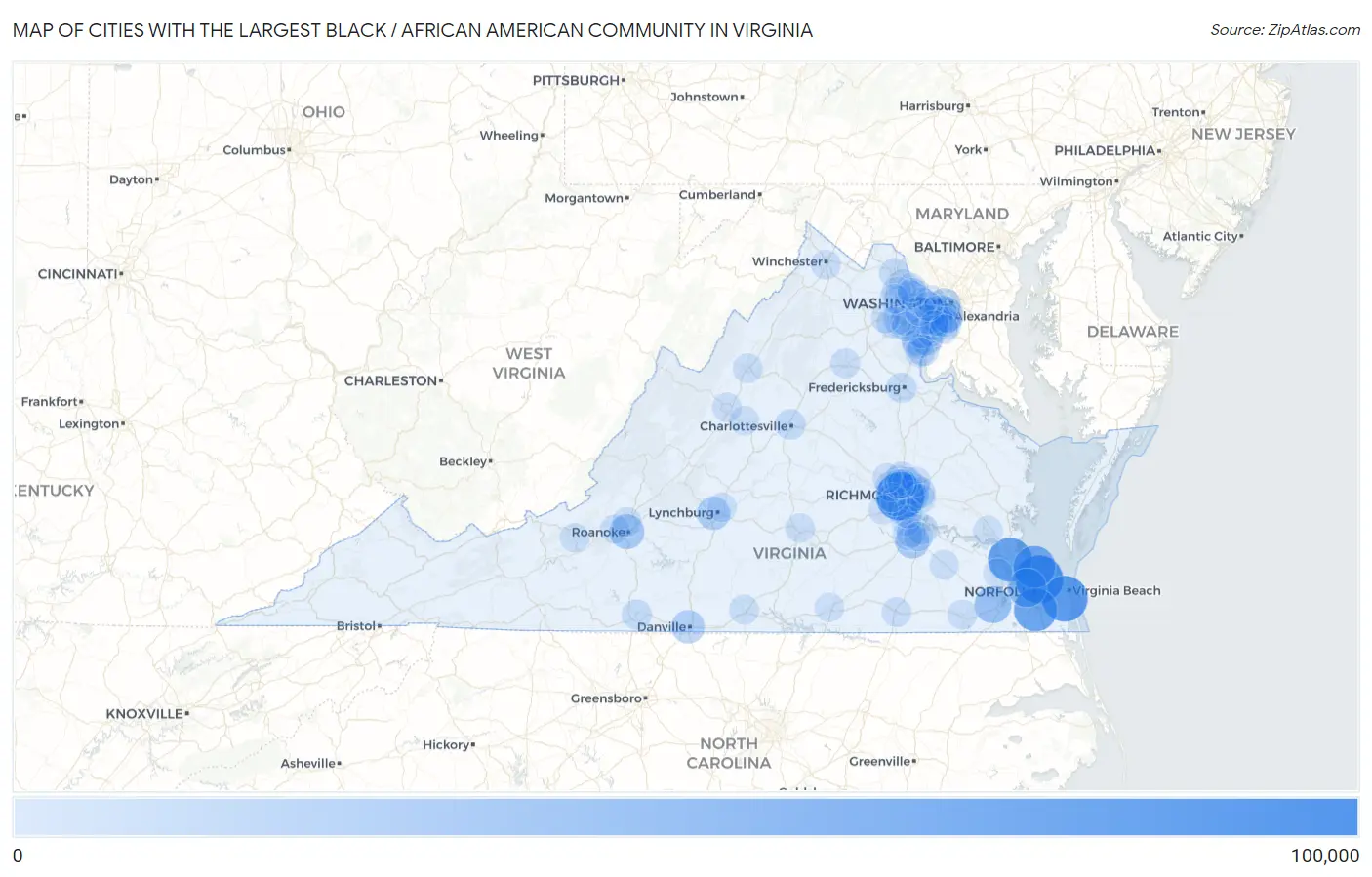 Cities with the Largest Black / African American Community in Virginia Map