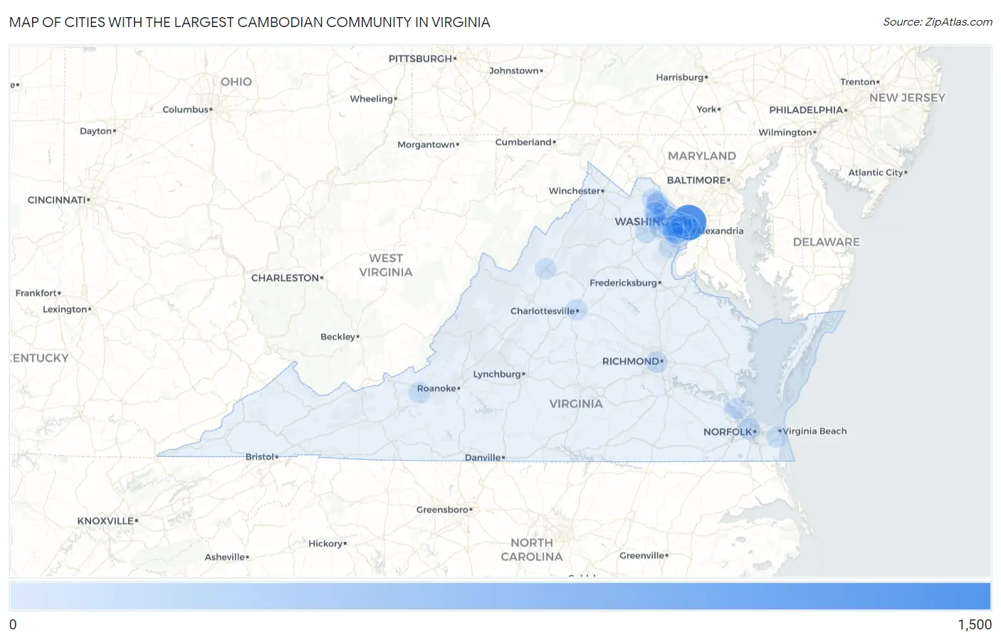 Cities with the Largest Cambodian Community in Virginia Map