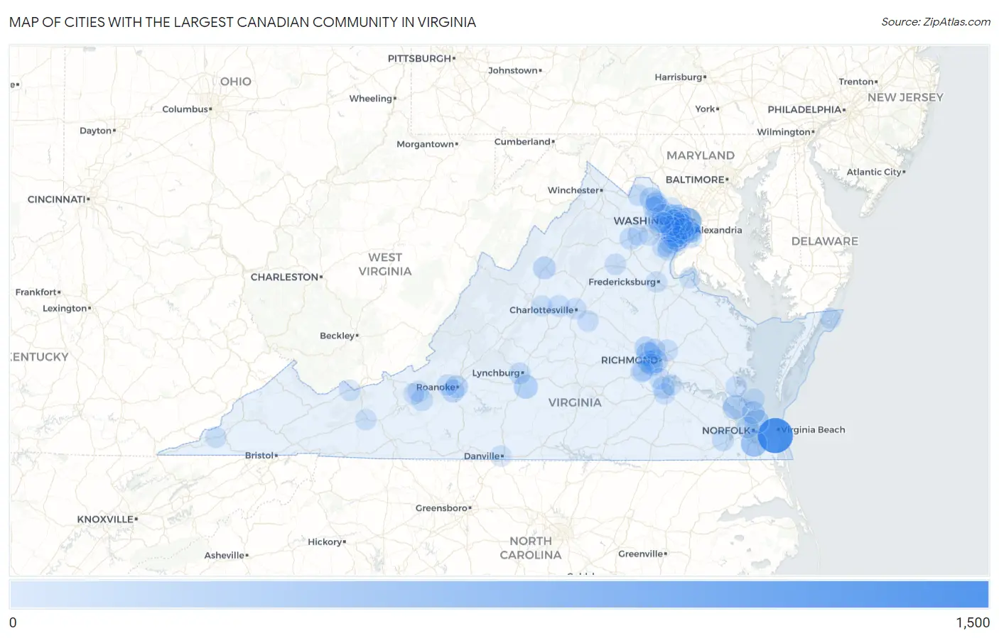 Cities with the Largest Canadian Community in Virginia Map