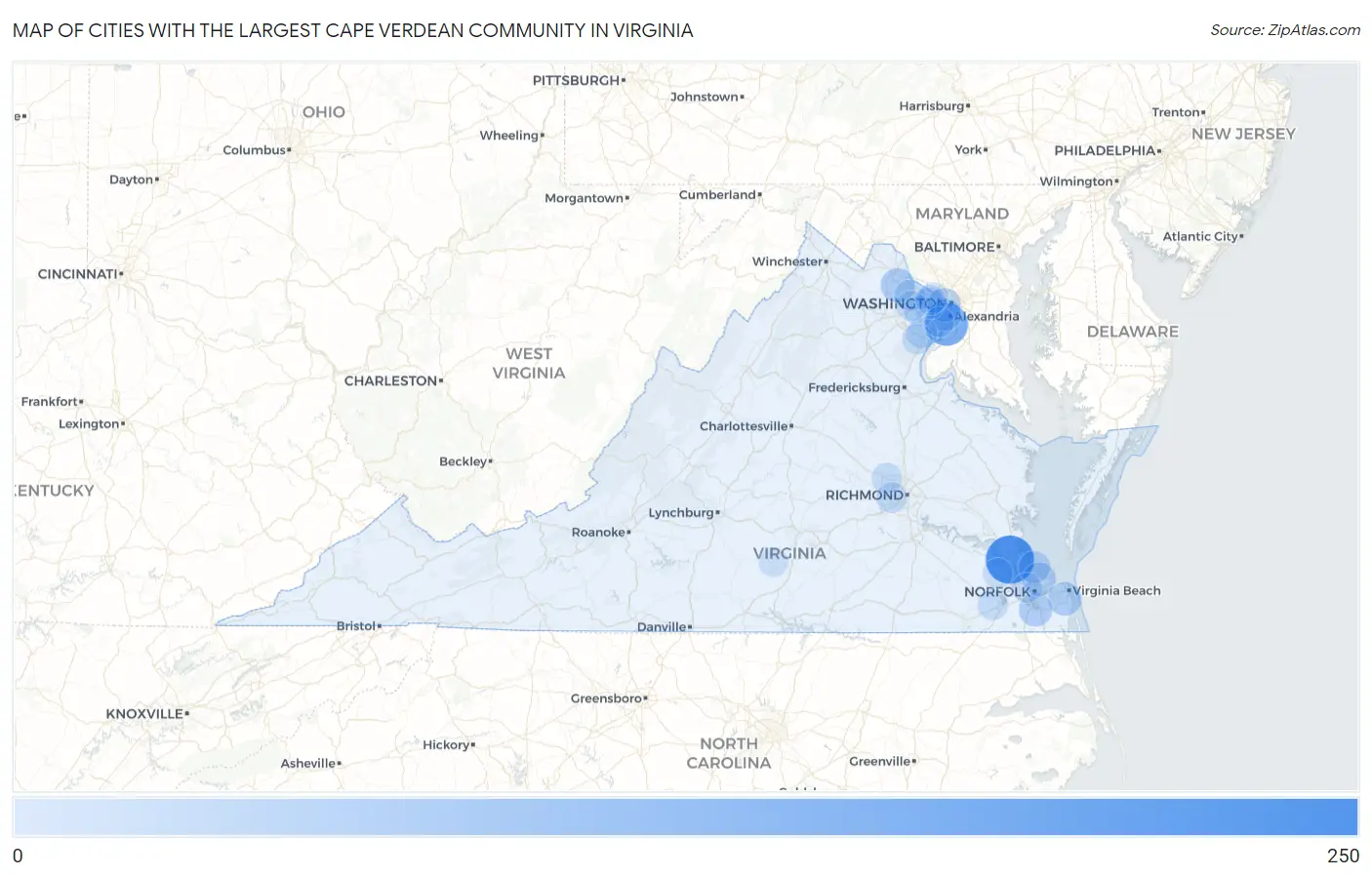 Cities with the Largest Cape Verdean Community in Virginia Map