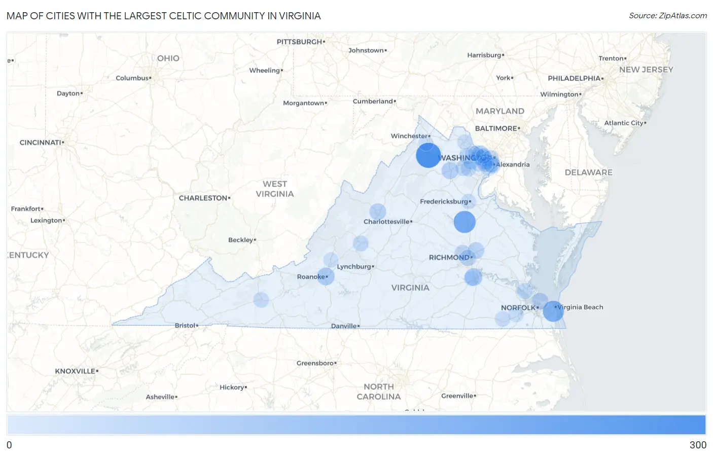 Cities with the Largest Celtic Community in Virginia Map