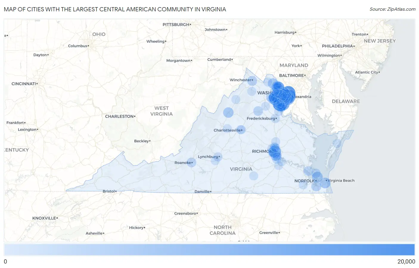 Cities with the Largest Central American Community in Virginia Map