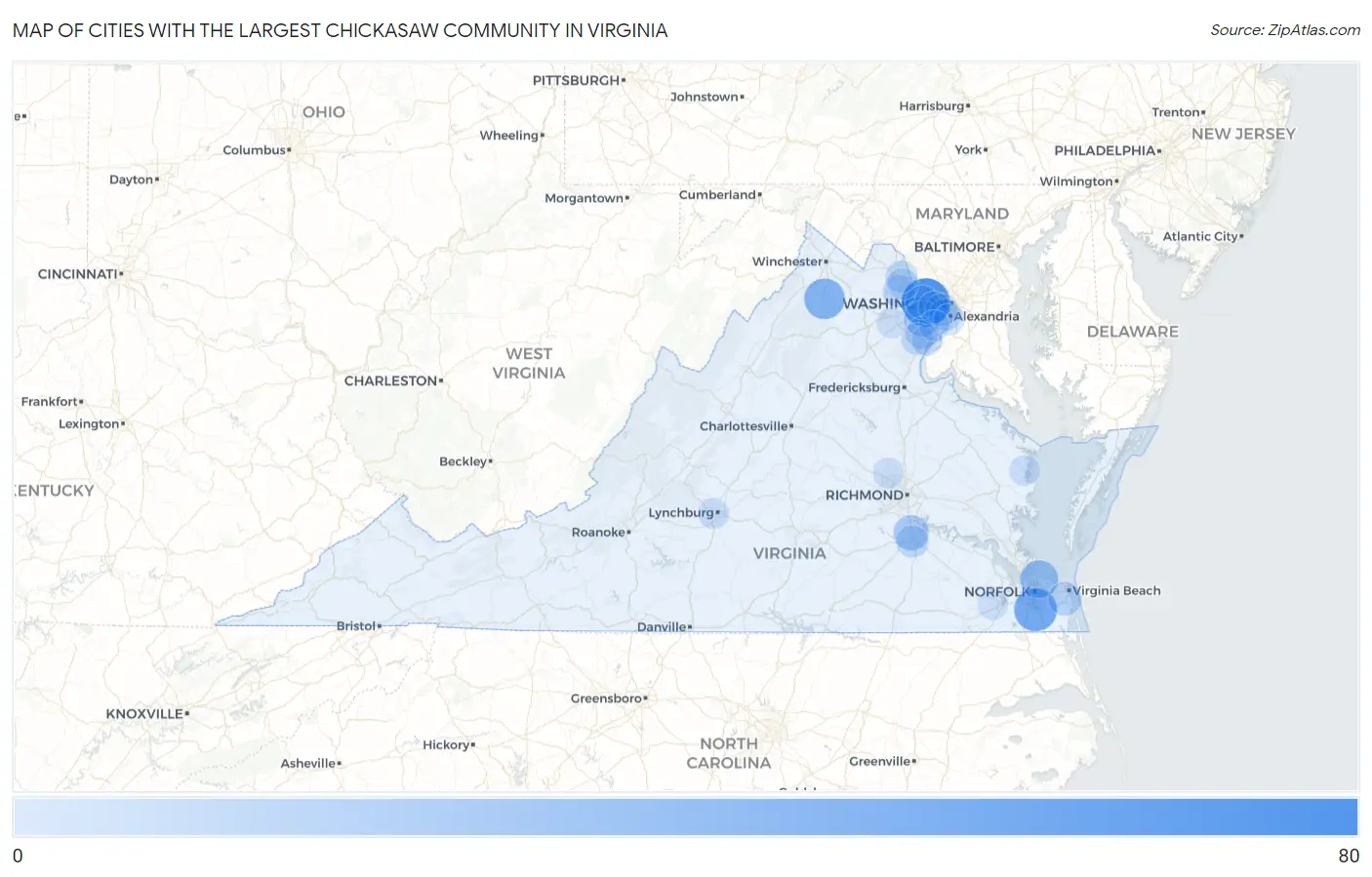 Cities with the Largest Chickasaw Community in Virginia Map