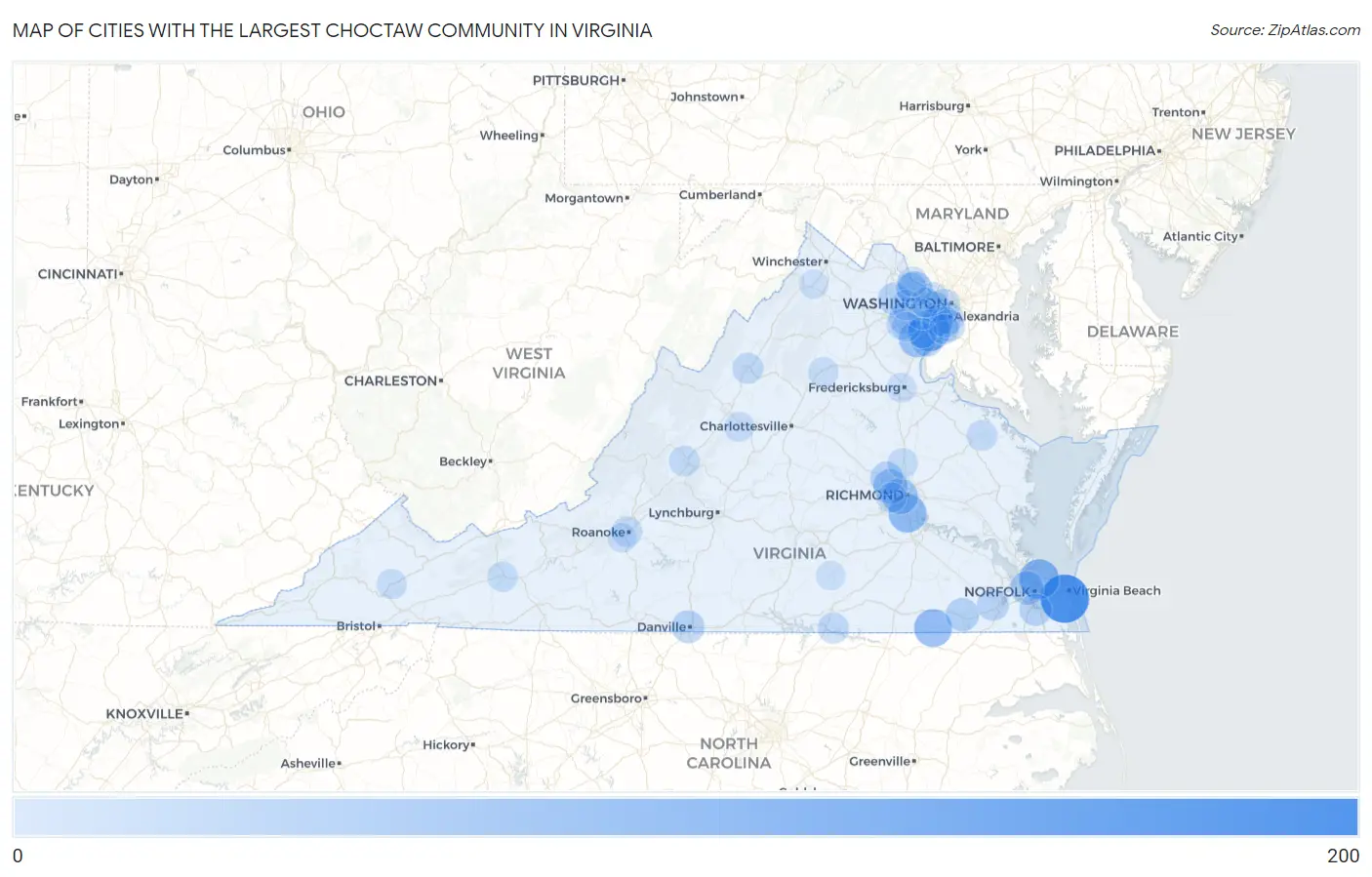 Cities with the Largest Choctaw Community in Virginia Map