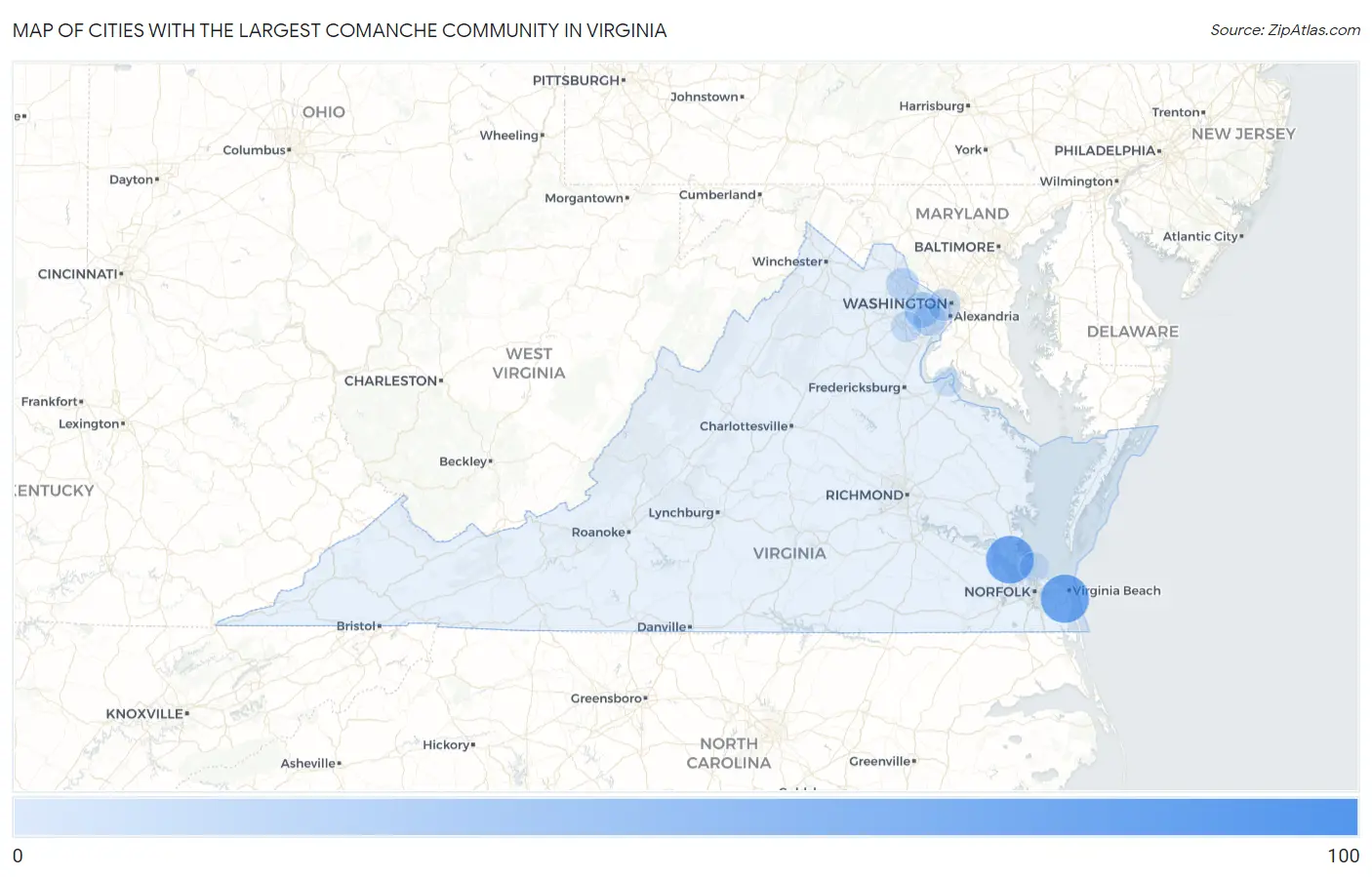 Cities with the Largest Comanche Community in Virginia Map