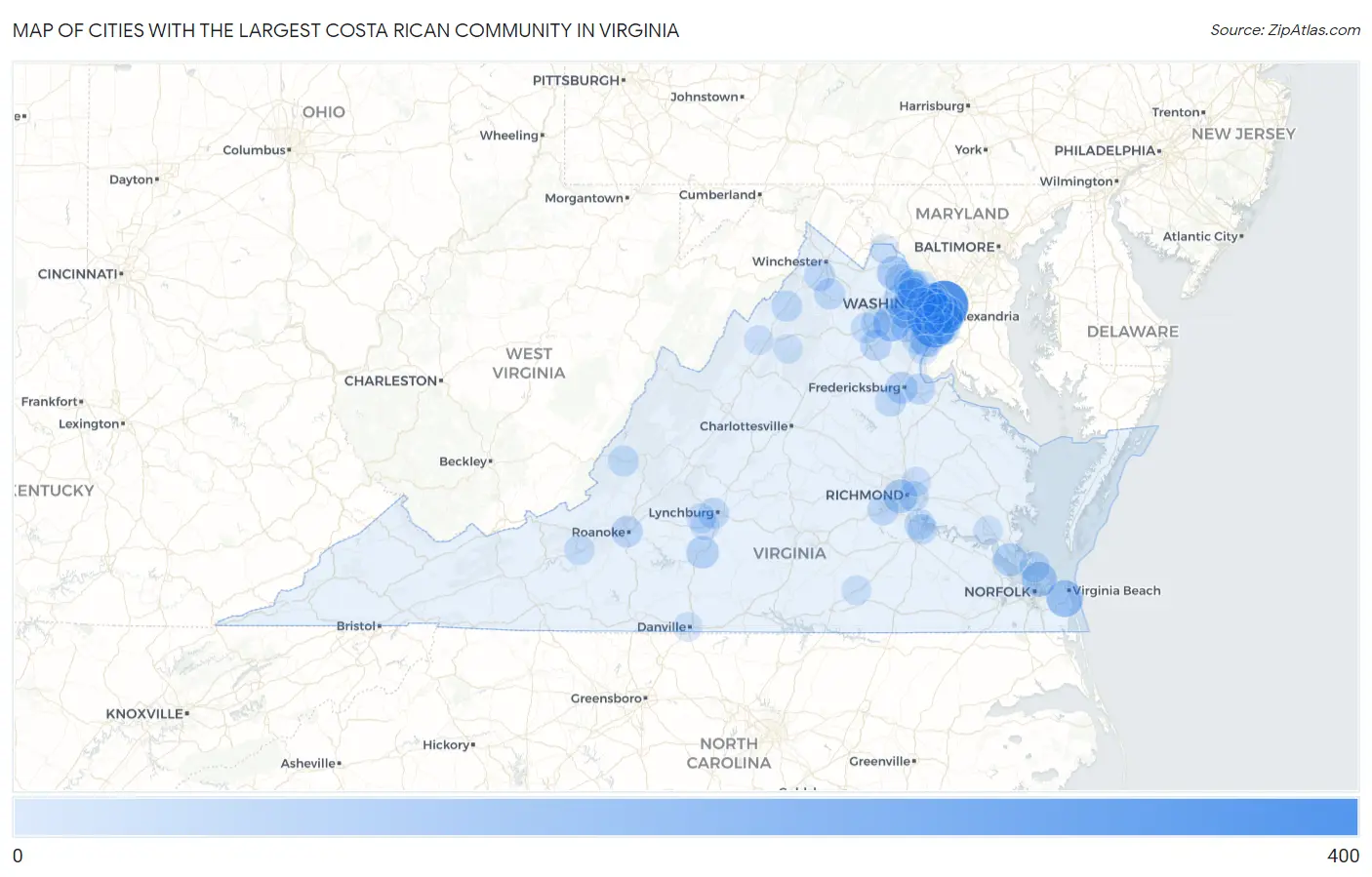 Cities with the Largest Costa Rican Community in Virginia Map