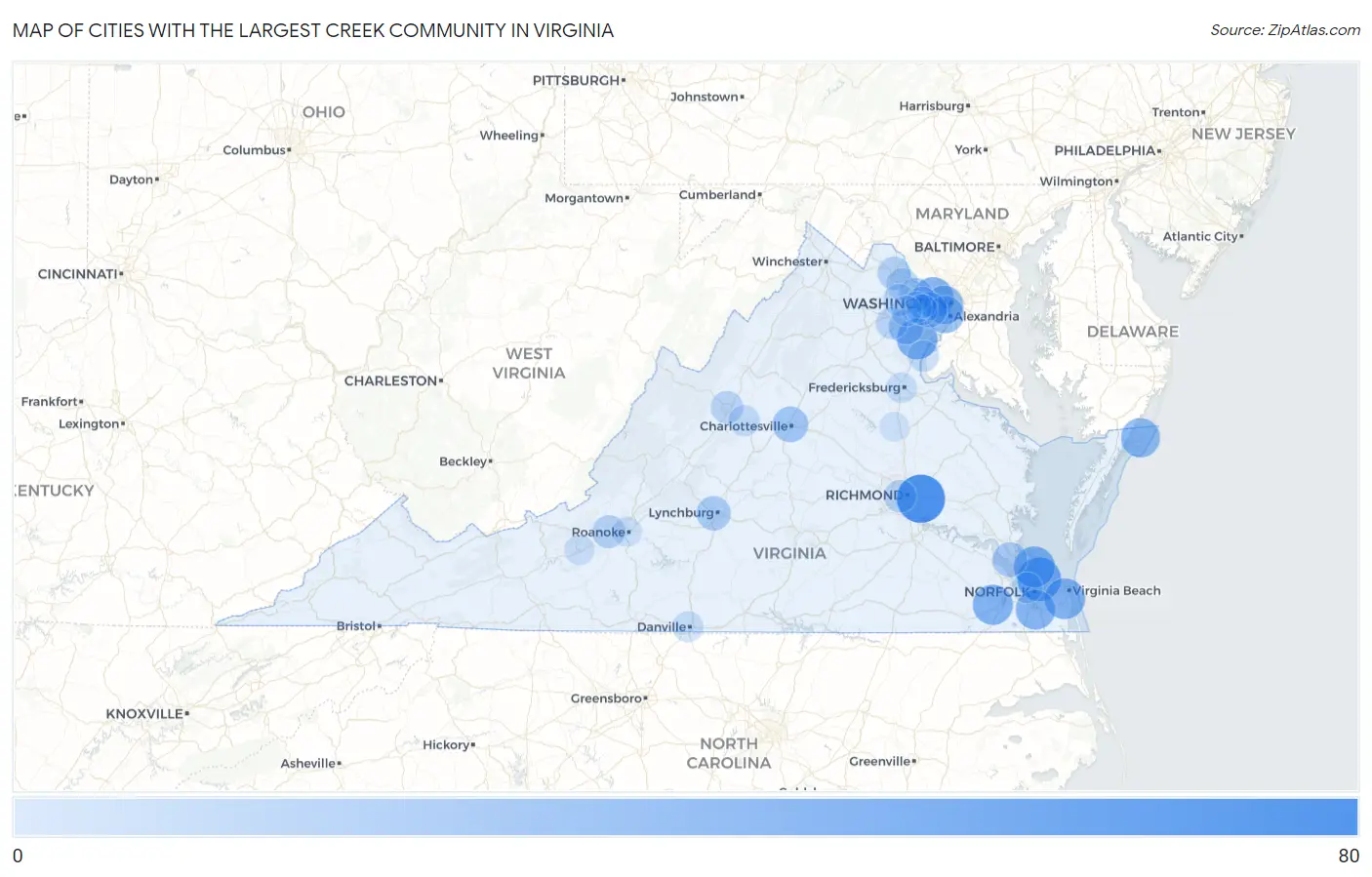 Cities with the Largest Creek Community in Virginia Map