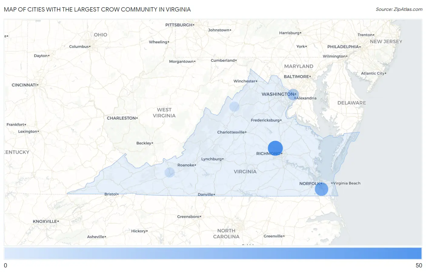 Cities with the Largest Crow Community in Virginia Map