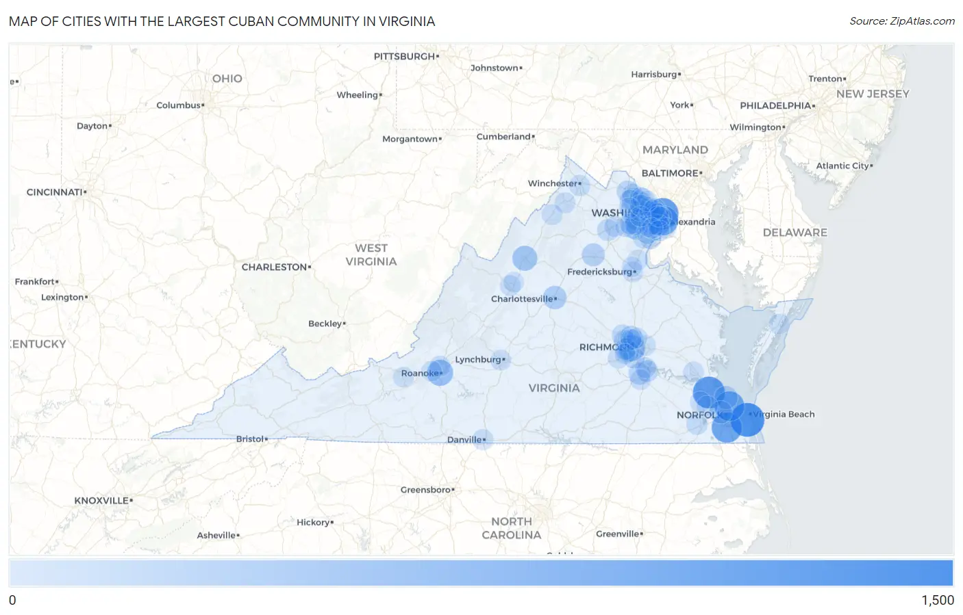 Cities with the Largest Cuban Community in Virginia Map