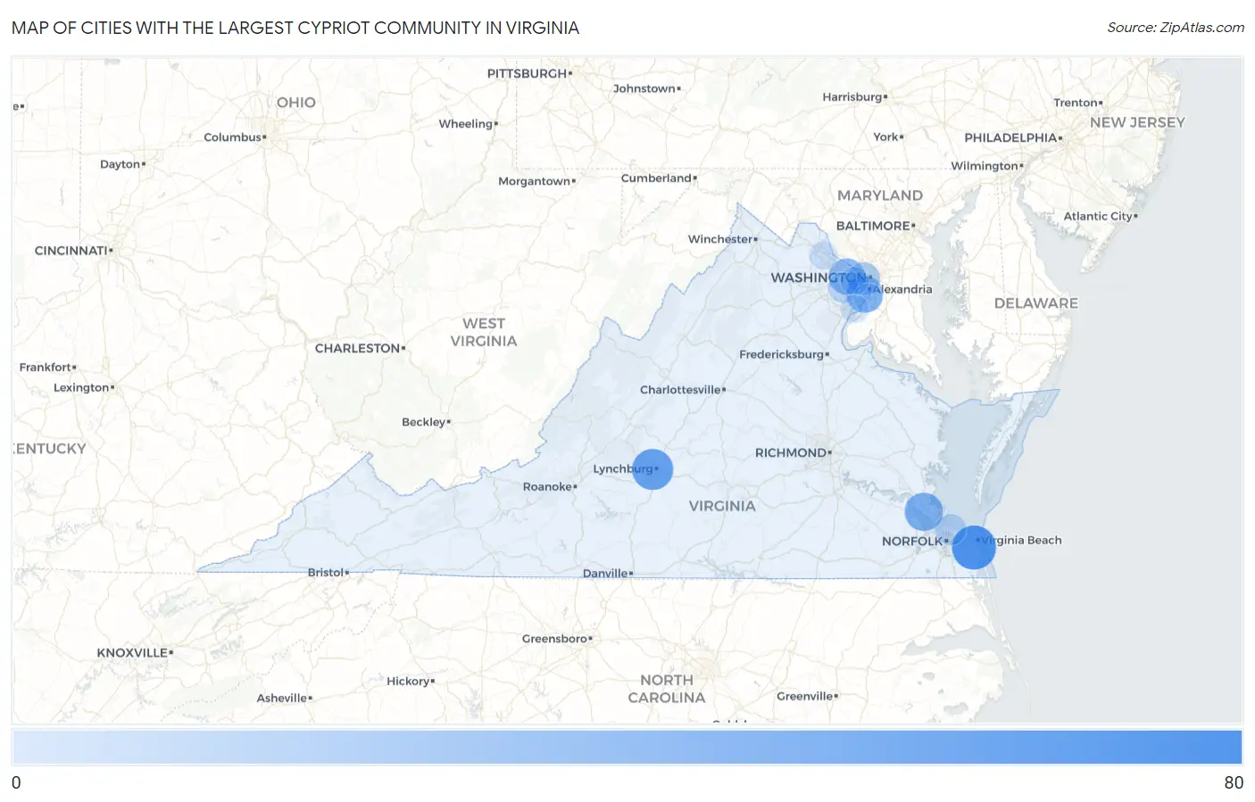 Cities with the Largest Cypriot Community in Virginia Map