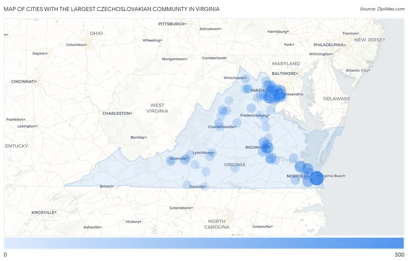 Cities with the Largest Czechoslovakian Community in Virginia Map