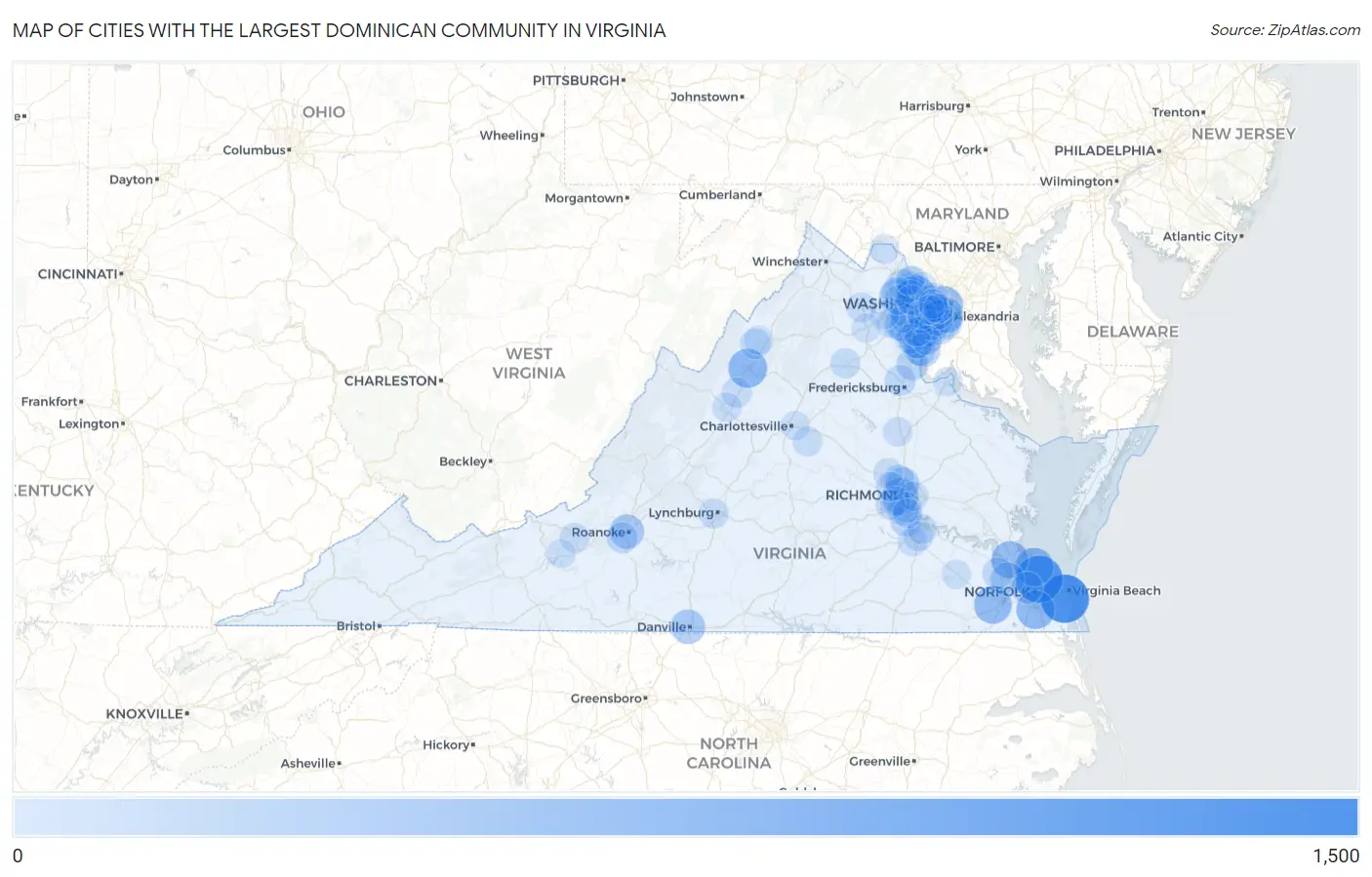 Cities with the Largest Dominican Community in Virginia Map