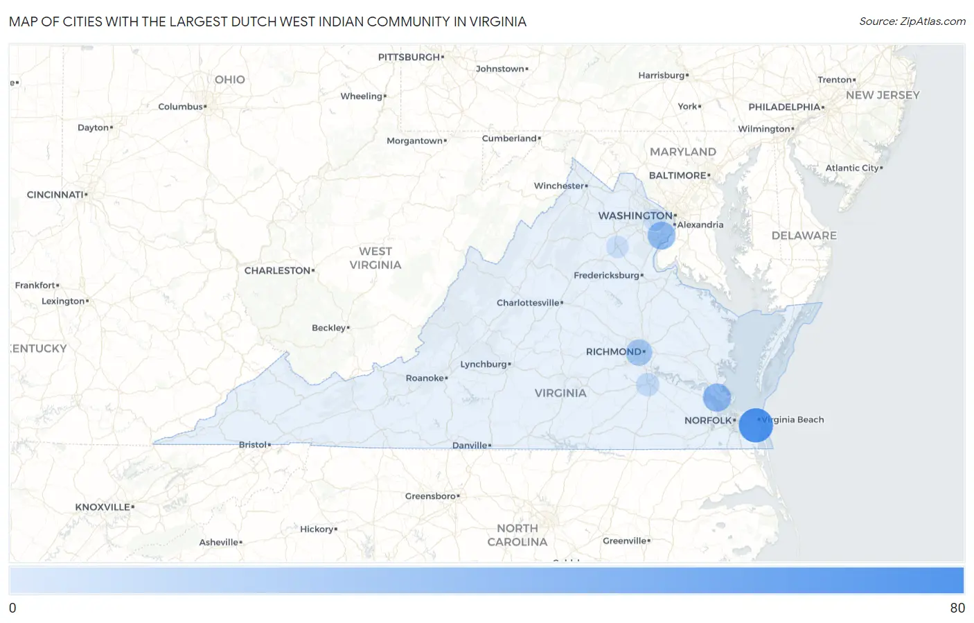 Cities with the Largest Dutch West Indian Community in Virginia Map