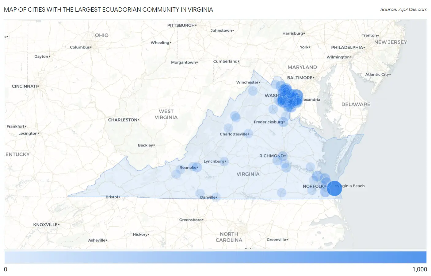 Cities with the Largest Ecuadorian Community in Virginia Map