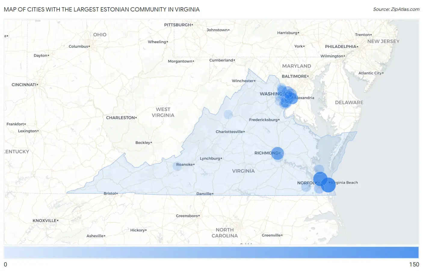 Cities with the Largest Estonian Community in Virginia Map
