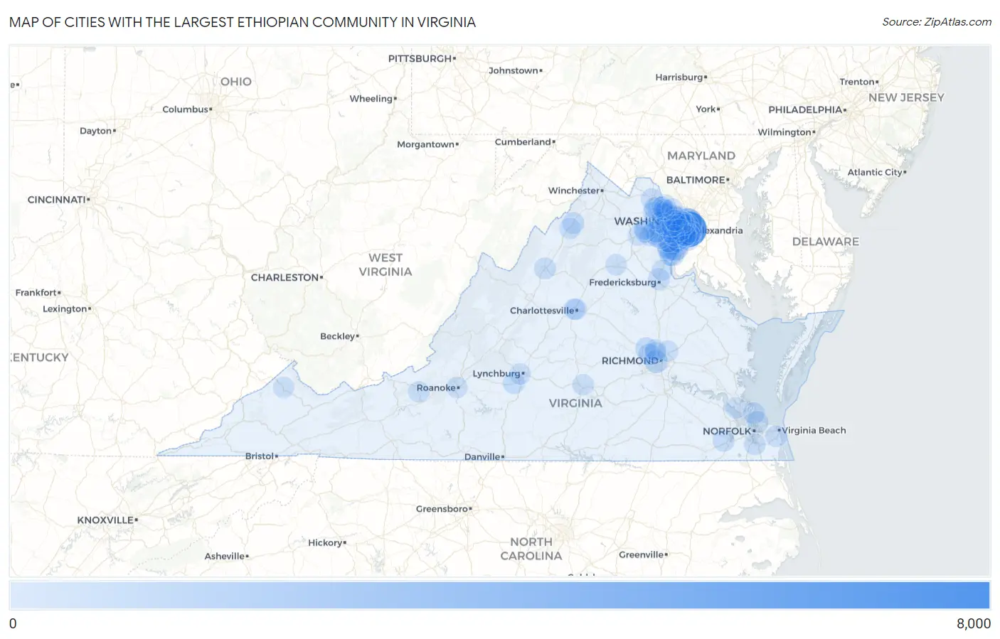 Cities with the Largest Ethiopian Community in Virginia Map