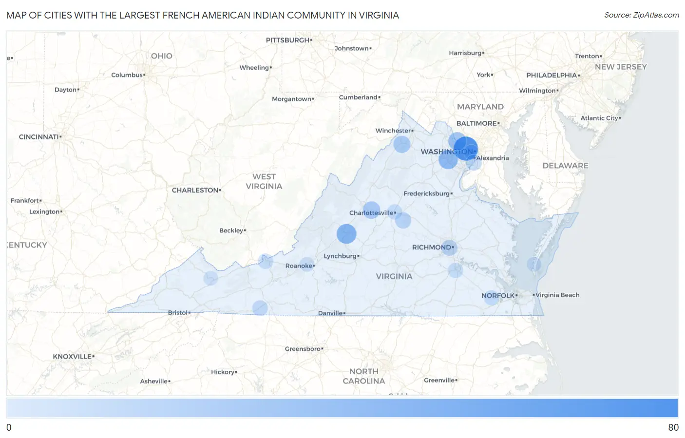 Cities with the Largest French American Indian Community in Virginia Map