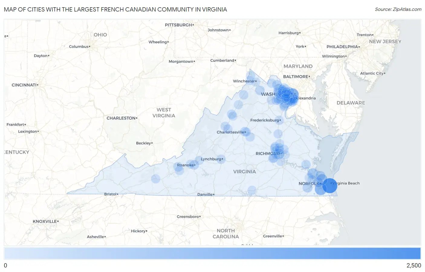 Cities with the Largest French Canadian Community in Virginia Map