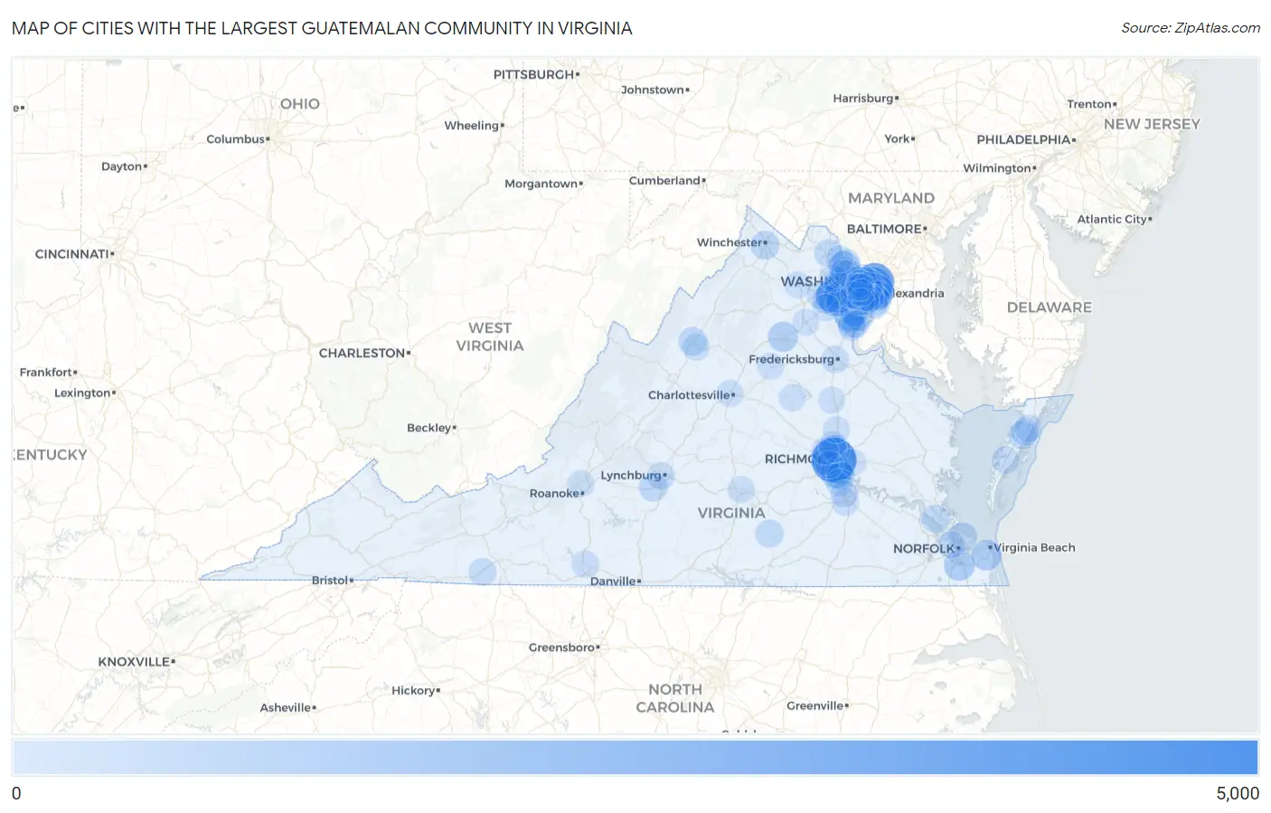 Cities with the Largest Guatemalan Community in Virginia Map