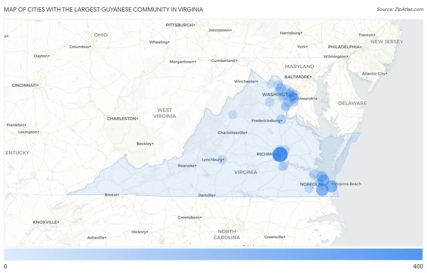 Cities with the Largest Guyanese Community in Virginia Map