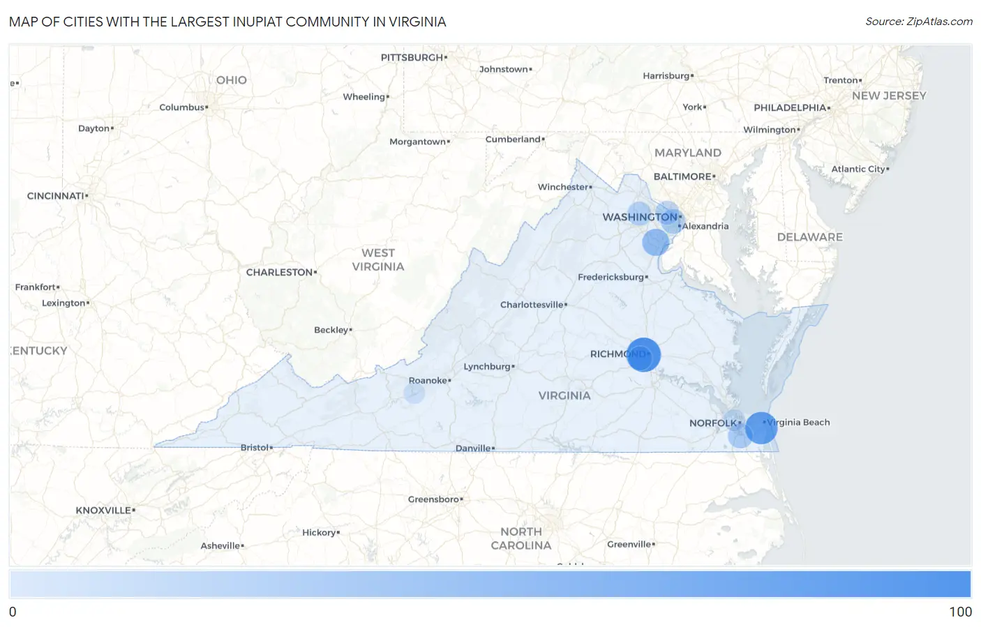 Cities with the Largest Inupiat Community in Virginia Map
