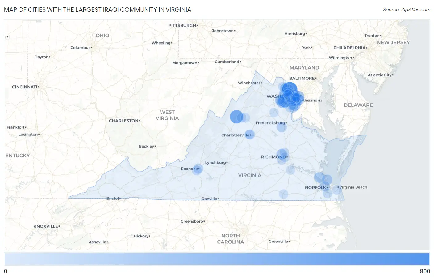 Cities with the Largest Iraqi Community in Virginia Map