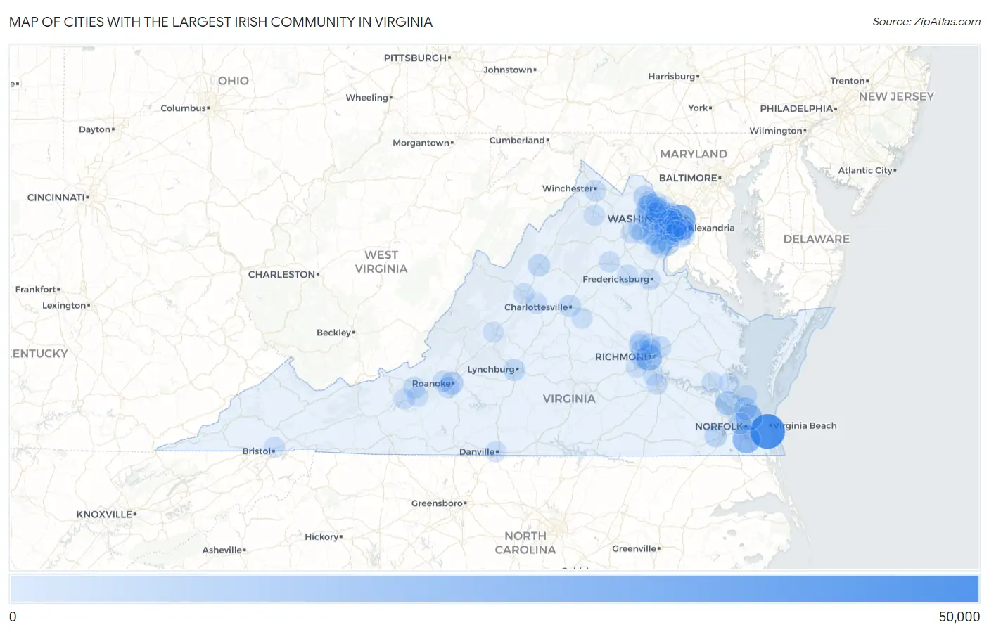 Cities with the Largest Irish Community in Virginia Map