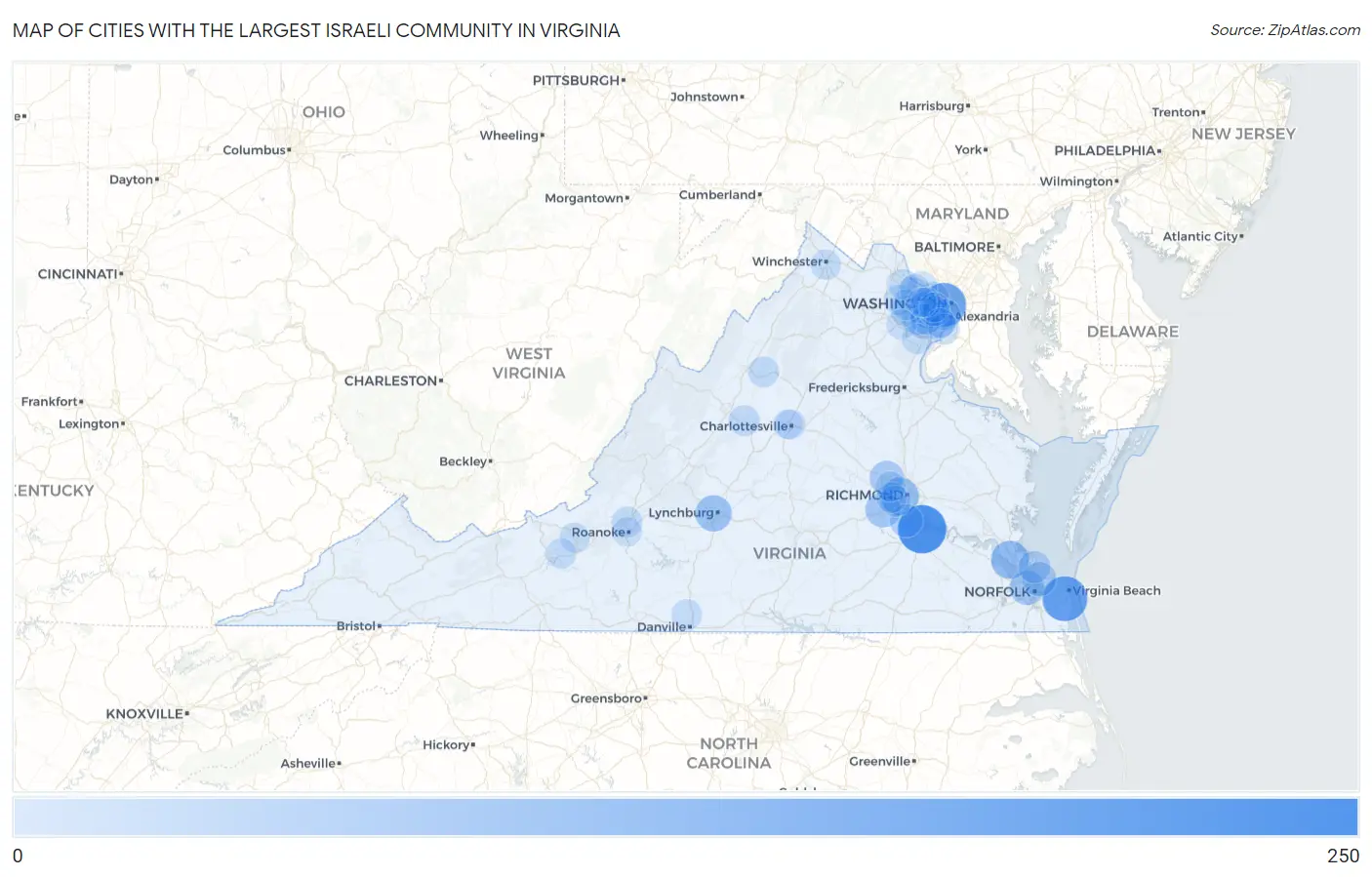 Cities with the Largest Israeli Community in Virginia Map