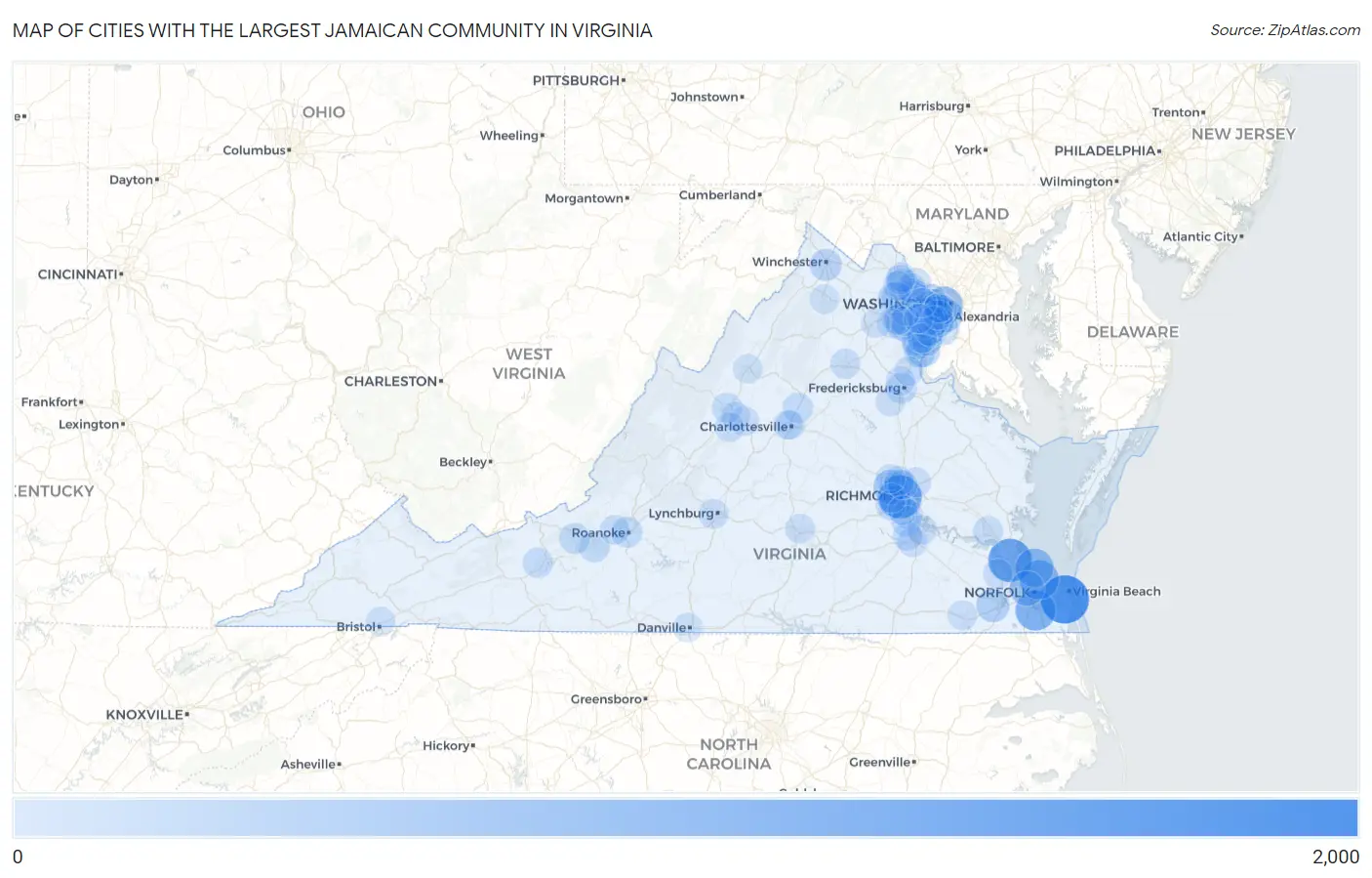 Cities with the Largest Jamaican Community in Virginia Map
