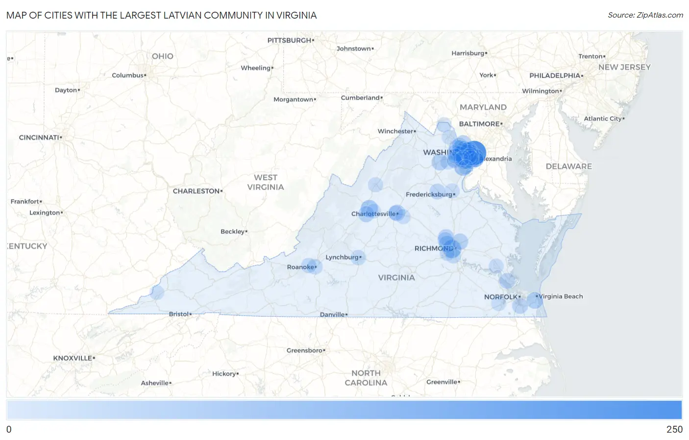 Cities with the Largest Latvian Community in Virginia Map