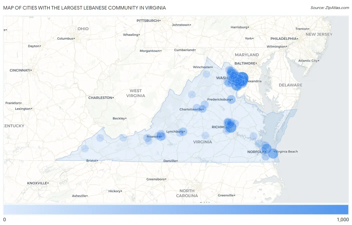 Cities with the Largest Lebanese Community in Virginia Map