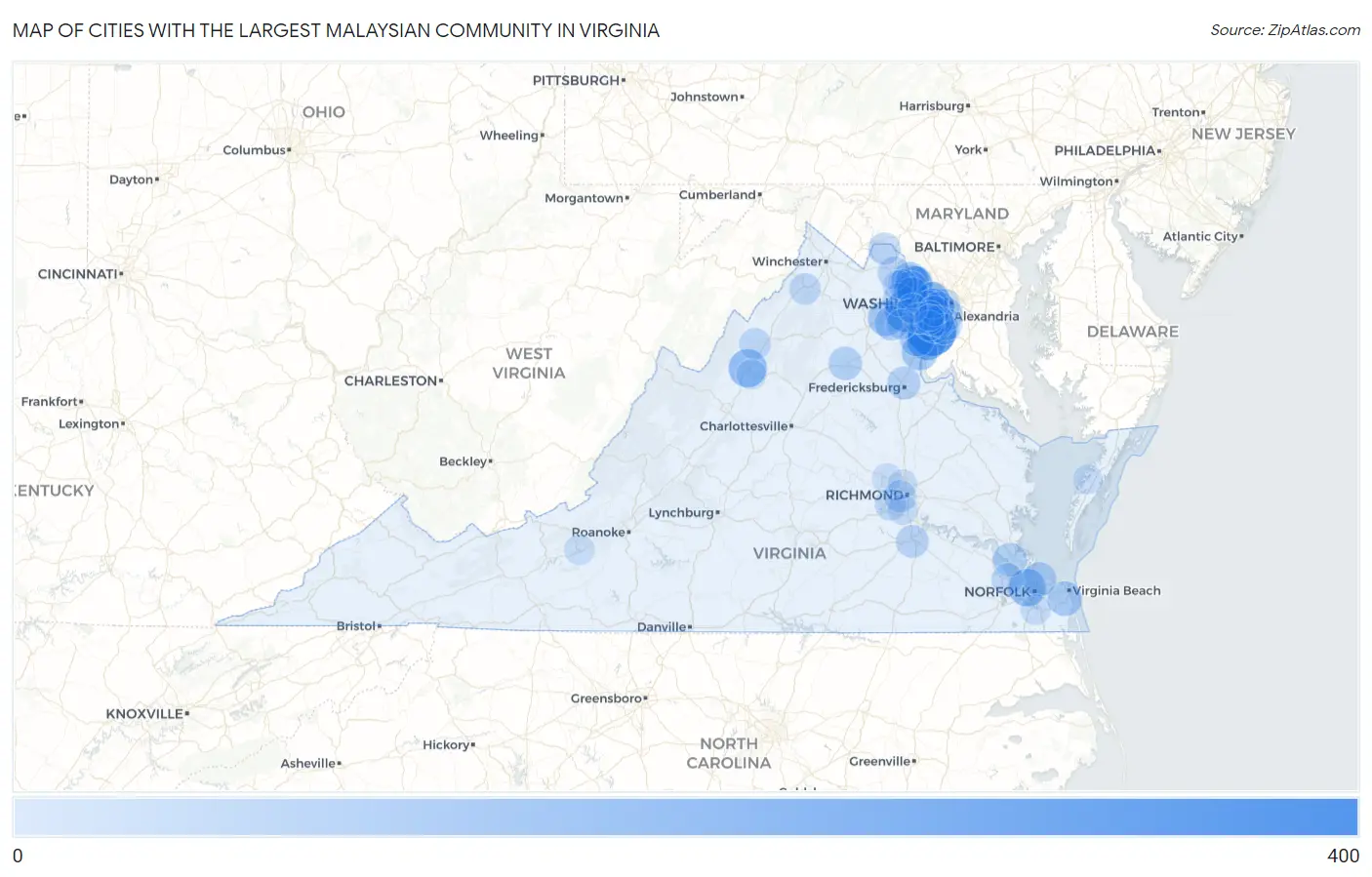 Cities with the Largest Malaysian Community in Virginia Map