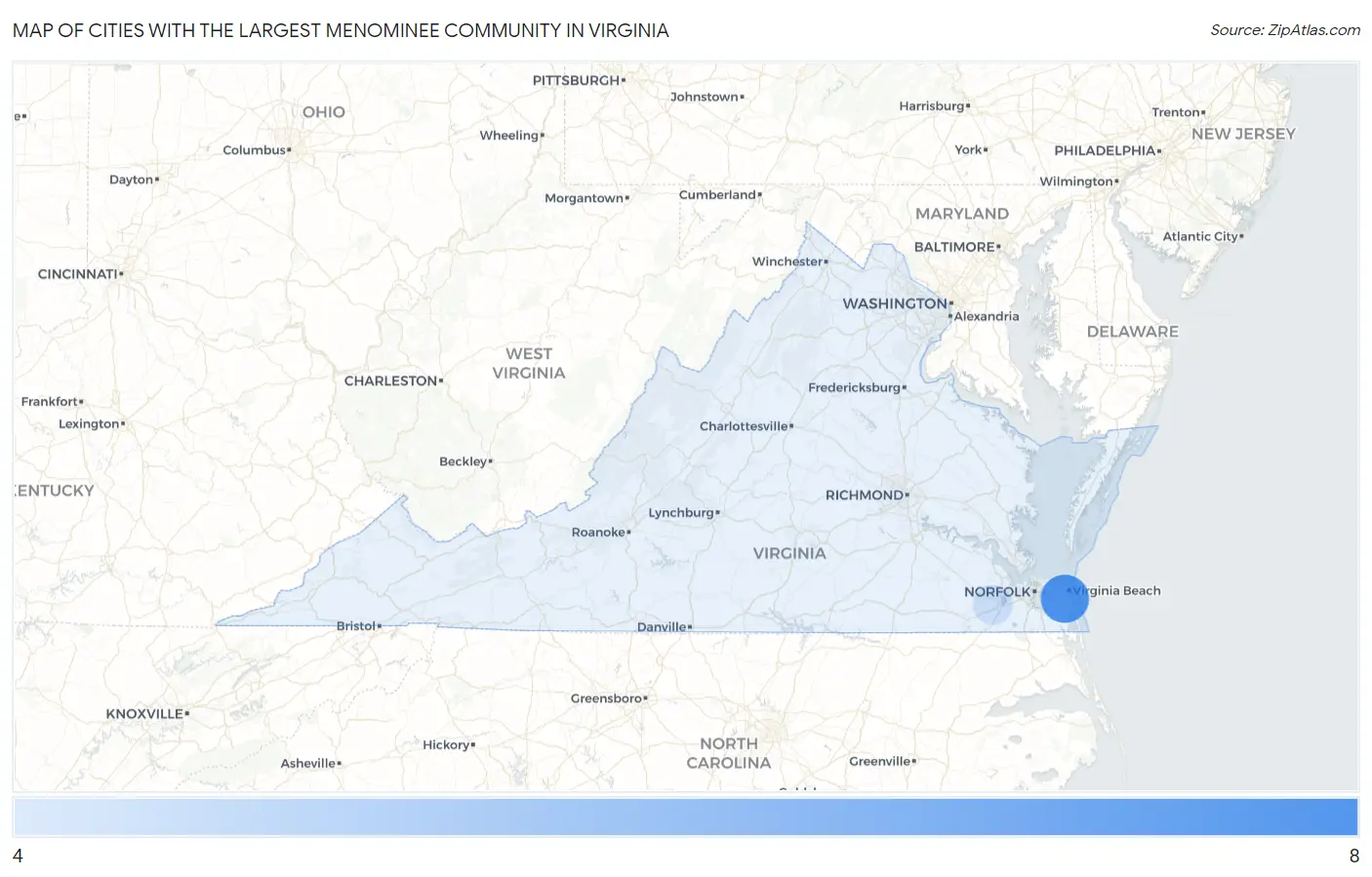 Cities with the Largest Menominee Community in Virginia Map