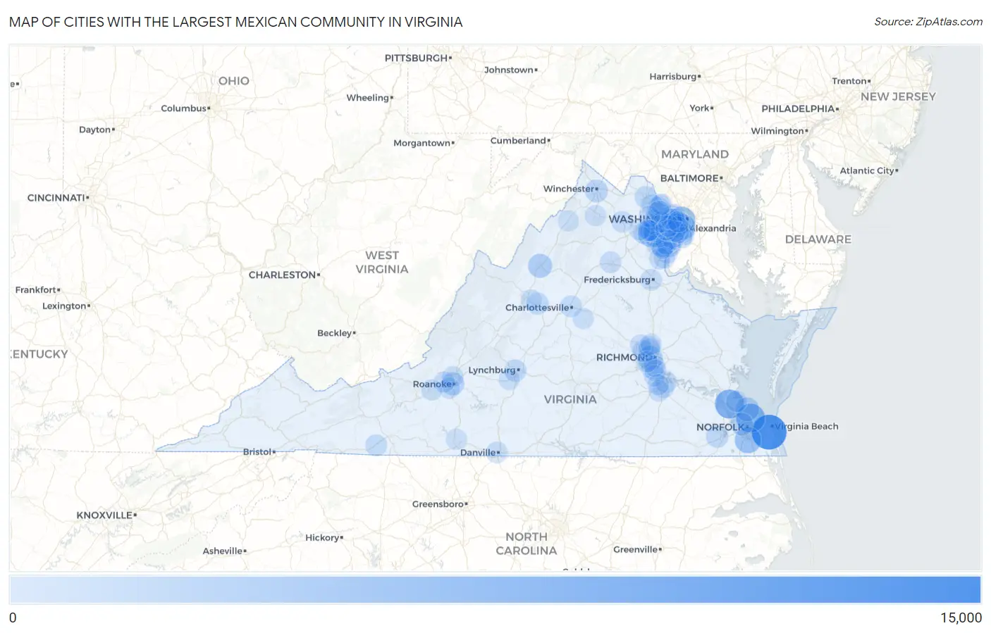 Cities with the Largest Mexican Community in Virginia Map